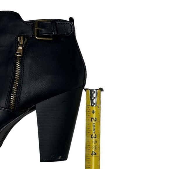 Material Girl Black Heeled Boots Moto Combat Ankle Booties with Heel Buckle Zip - Picture 8 of 12